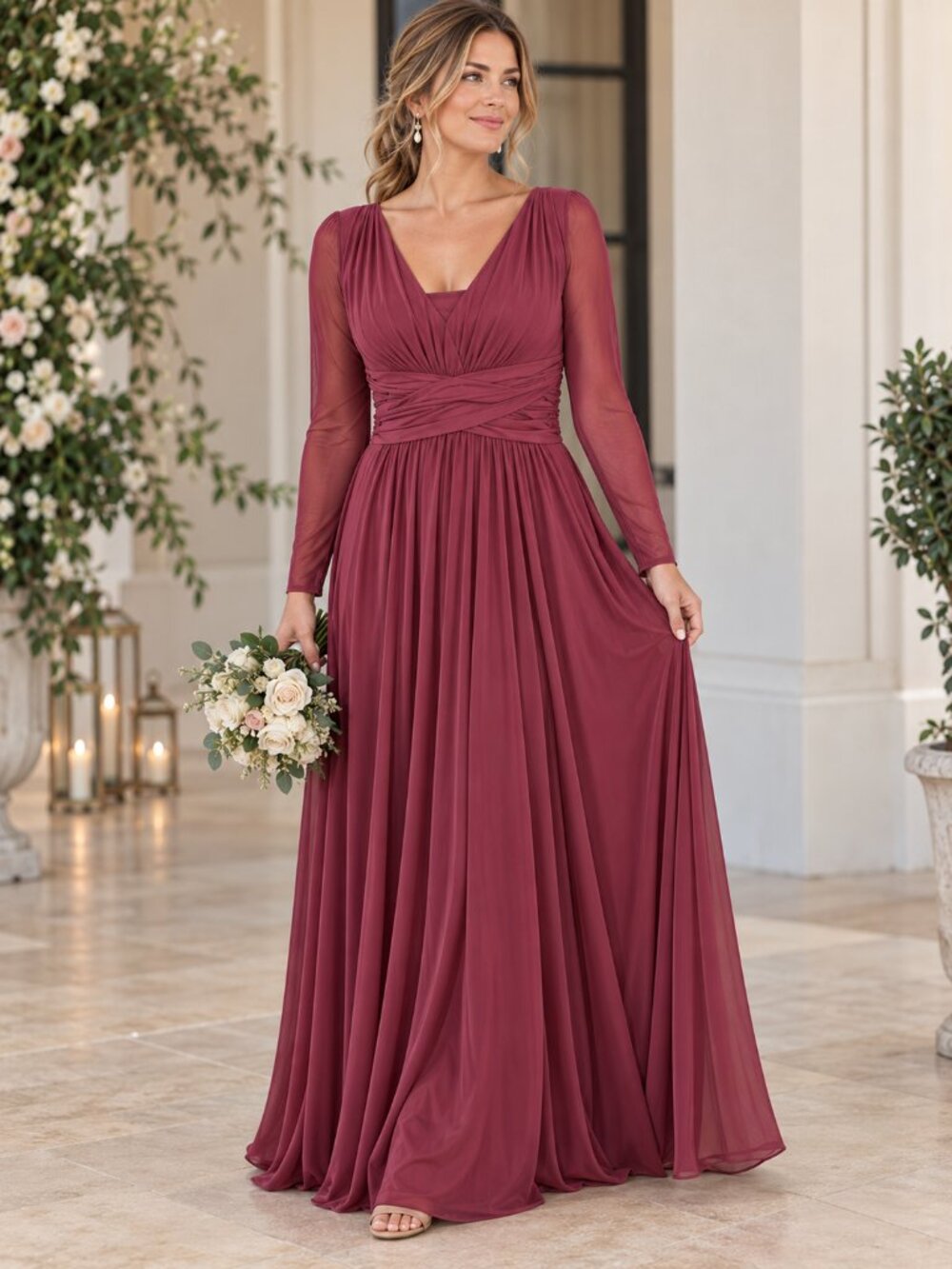 Celebrate DB Studio Burgundy Long Sleeve Bridesmaid Maxi Formal Dress Size 14